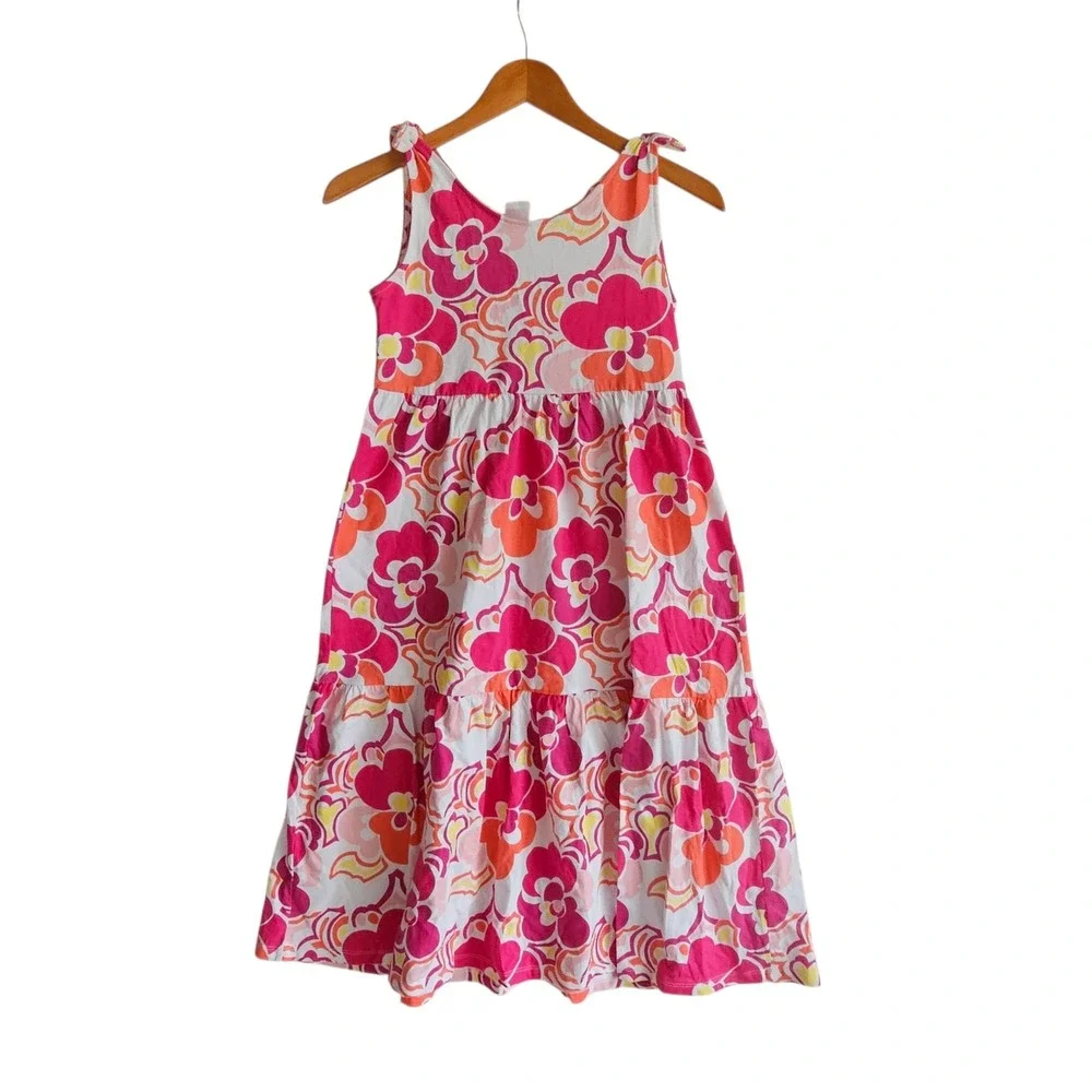 Gymboree Floral Dress Tiered Sleeveless Tie Strap Casual Pink Orange L 10 12 Yea